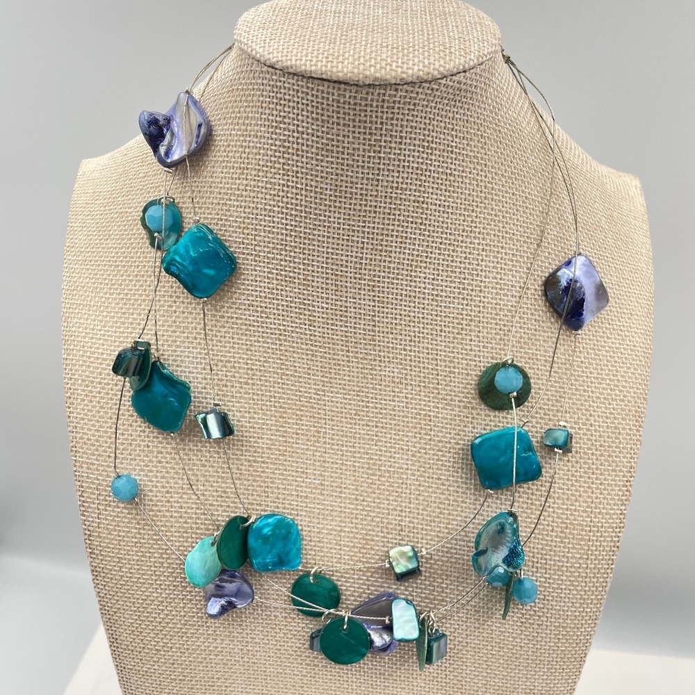 Vtg Boho Nautical‎ Teal Shell Layered Necklace Iridescent Abalone Style Beaded